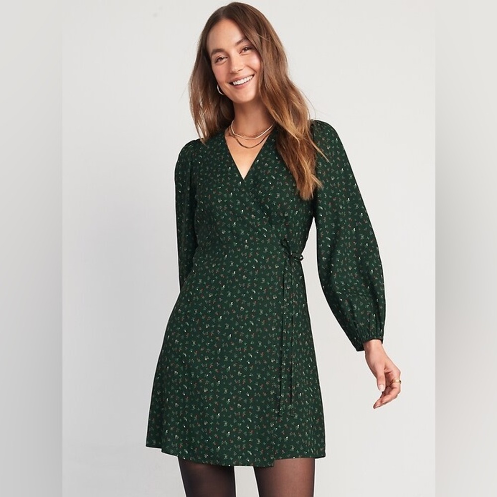 Dark Green Floral Long Sleeve Dress